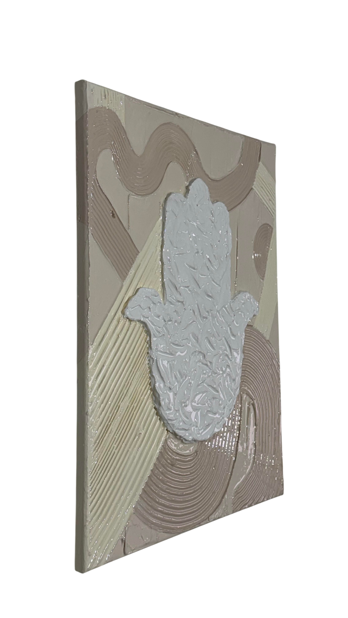 Bianco Terra MANO No. 02 textured Hamsa hand wall art with plaster waves in alabaster and nude tones on canvas.