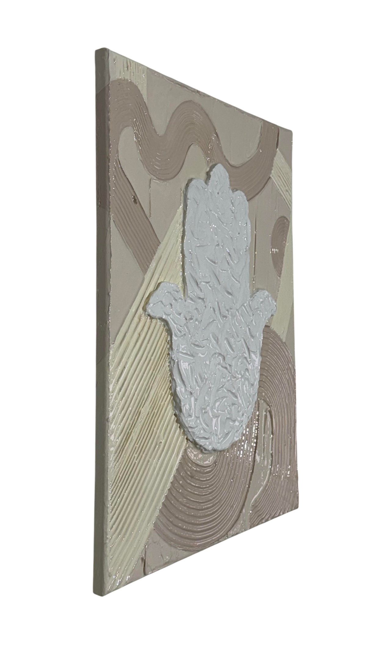 Bianco Terra MANO No. 02 textured Hamsa hand wall art with matte plaster waves and glossy resin finish in neutral tones.