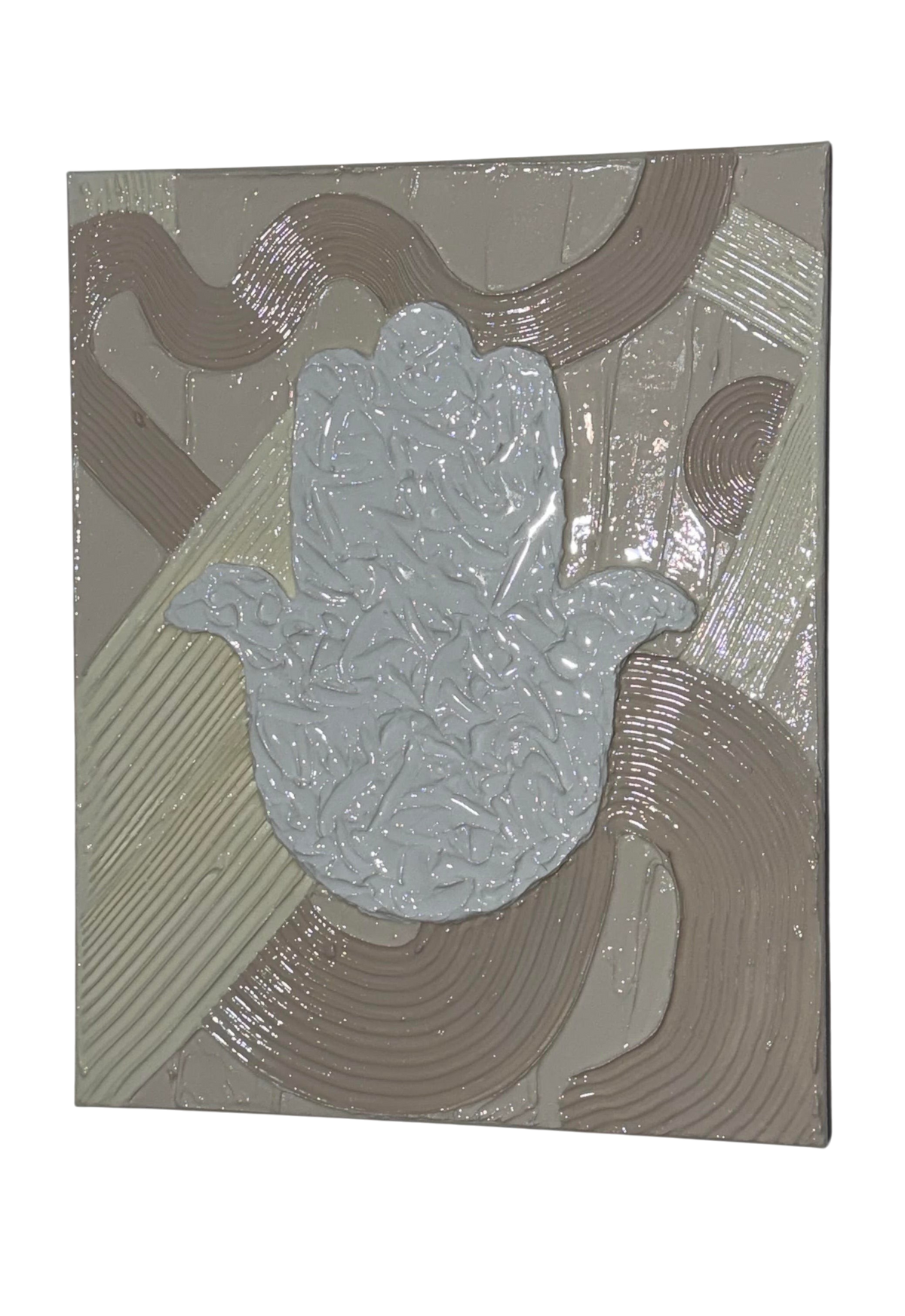 Bianco Terra MANO No. 02 textured Hamsa hand wall art with glossy resin and matte plaster in alabaster and nude tones.