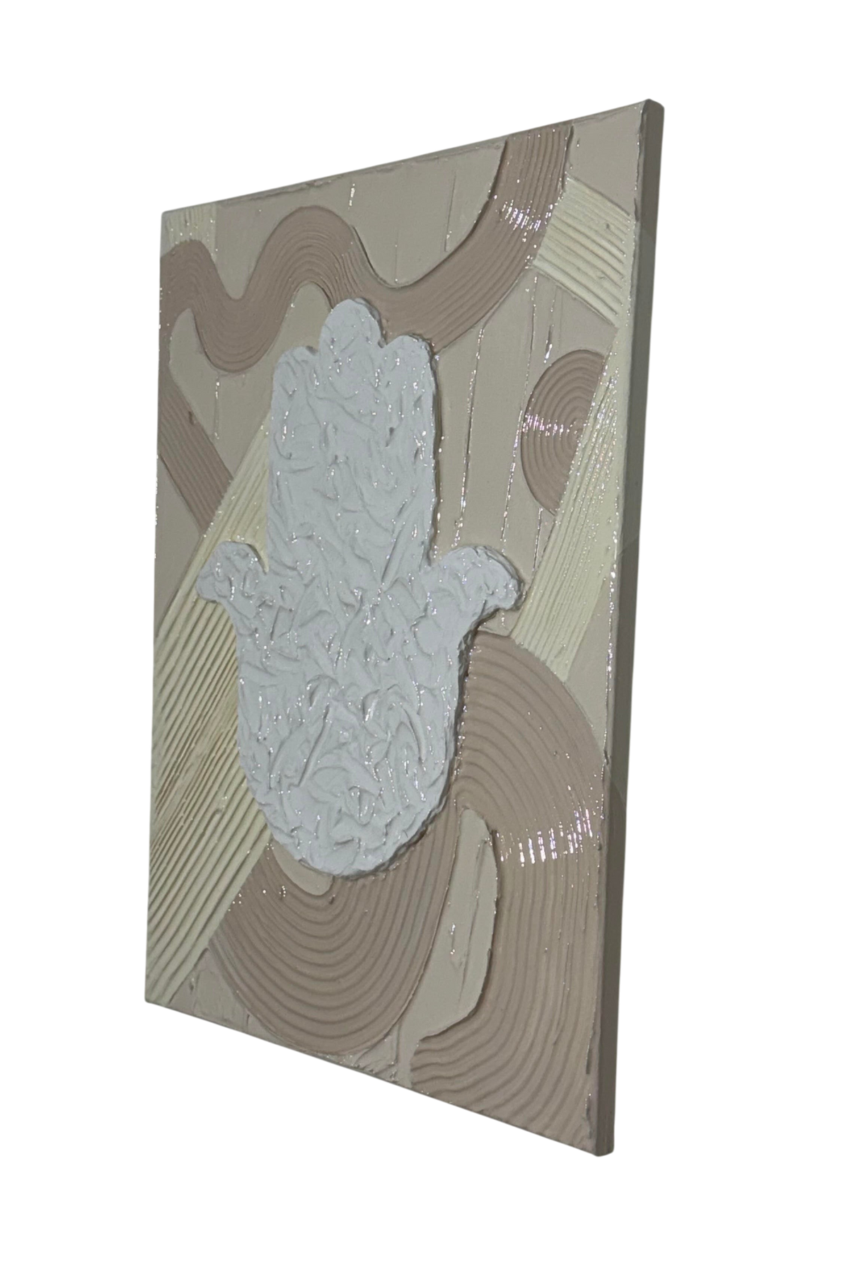Bianco Terra MANO No. 02 textured Hamsa hand wall art with glossy resin and matte plaster waves in alabaster and nude.