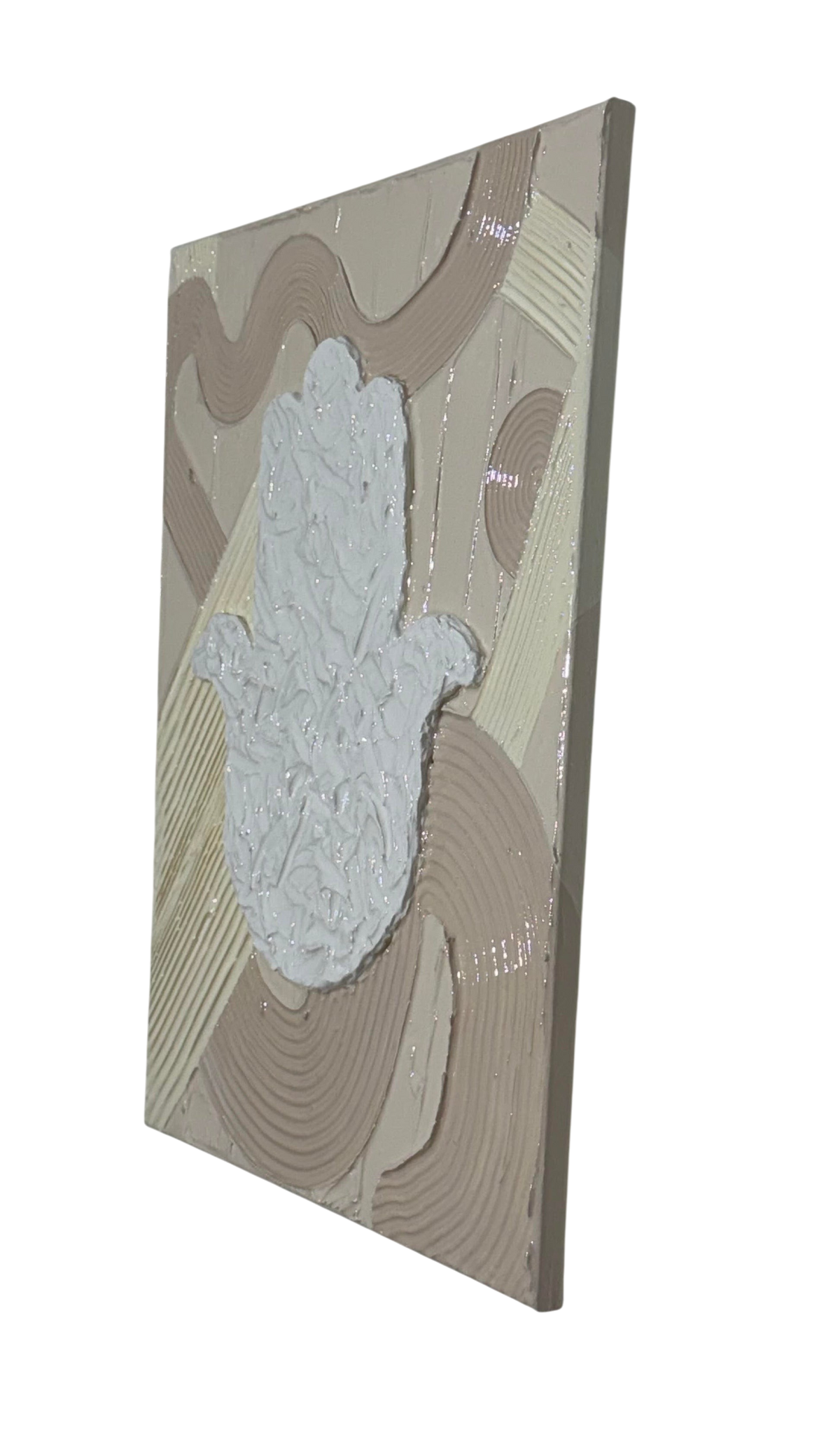 Bianco Terra MANO No. 02 textured Hamsa hand wall art with matte plaster waves and glossy resin finish in neutral tones