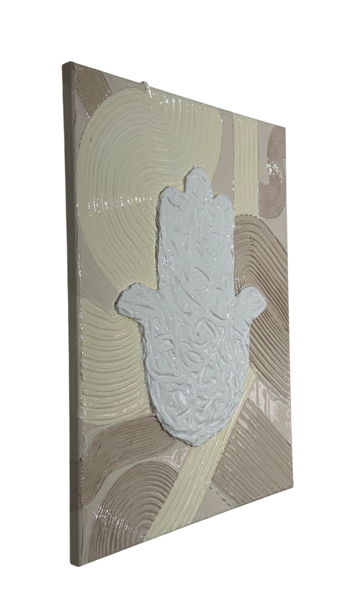 Bianco Terra MANO No. 03 hamsa hand wall art with textured plaster waves in alabaster and nude tones on canvas.