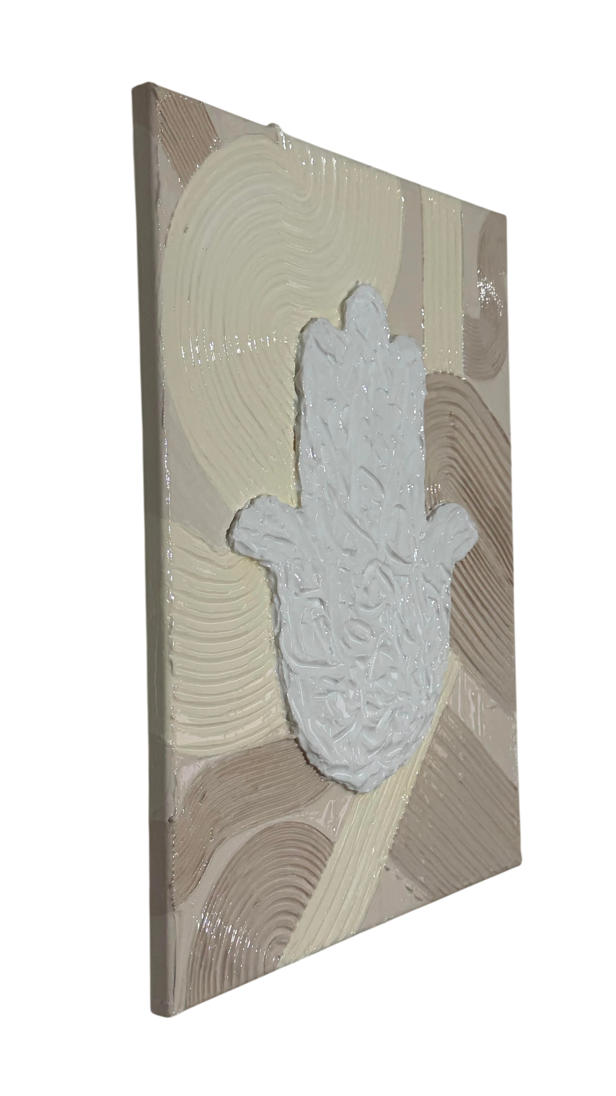 Bianco Terra MANO No. 03 textured Hamsa hand wall art with glossy resin and matte plaster waves in alabaster and nude.
