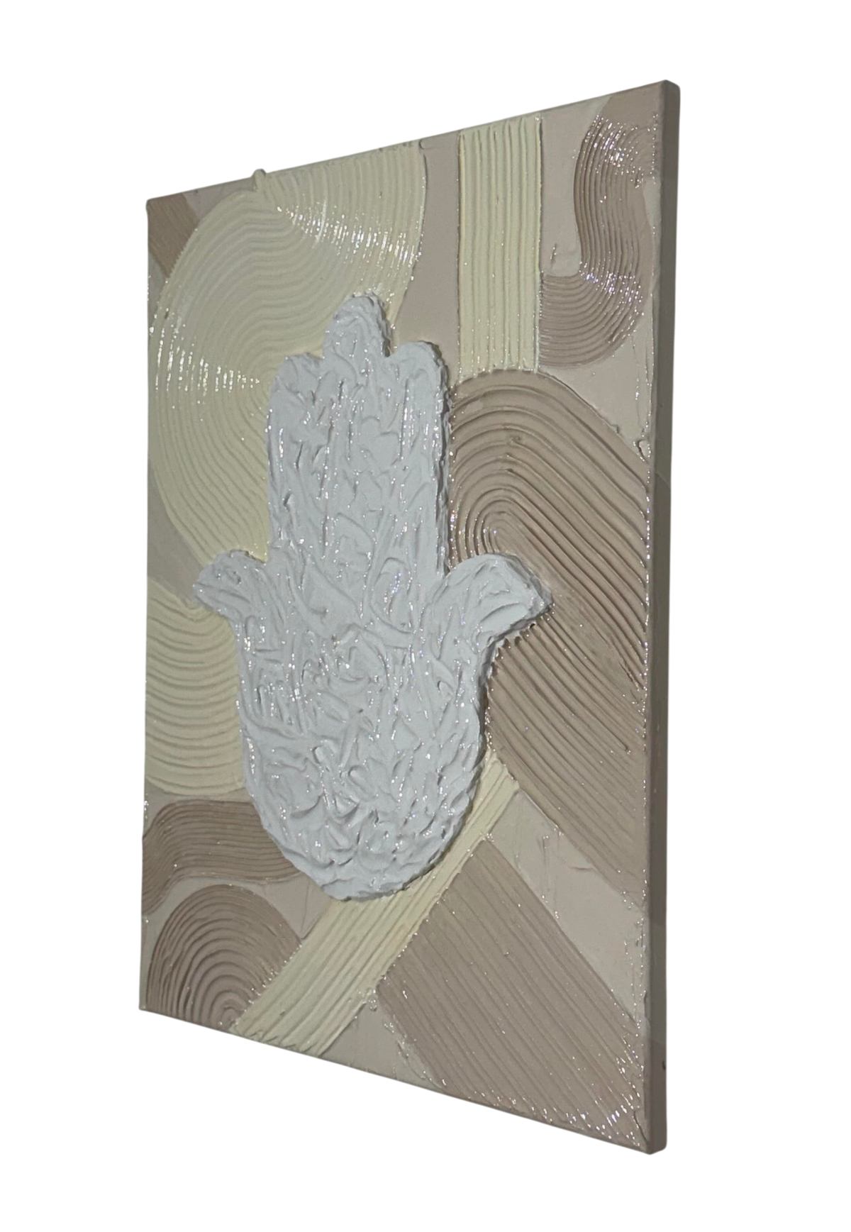 Bianco Terra MANO No. 03 hamsa hand wall art with textured plaster waves in alabaster, chalk, and nude tones.