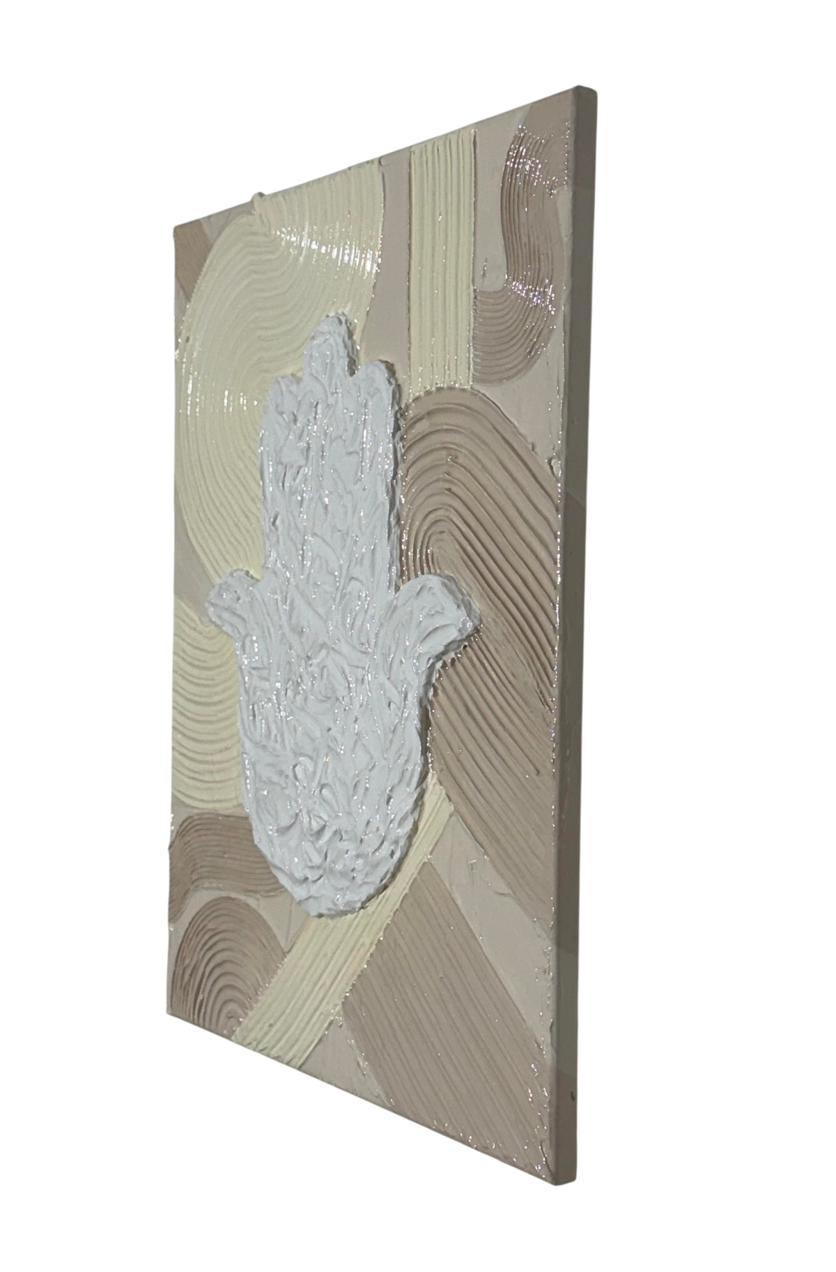 Bianco Terra MANO No. 03 textured Hamsa hand wall art in alabaster and nude plaster with a glossy resin finish.