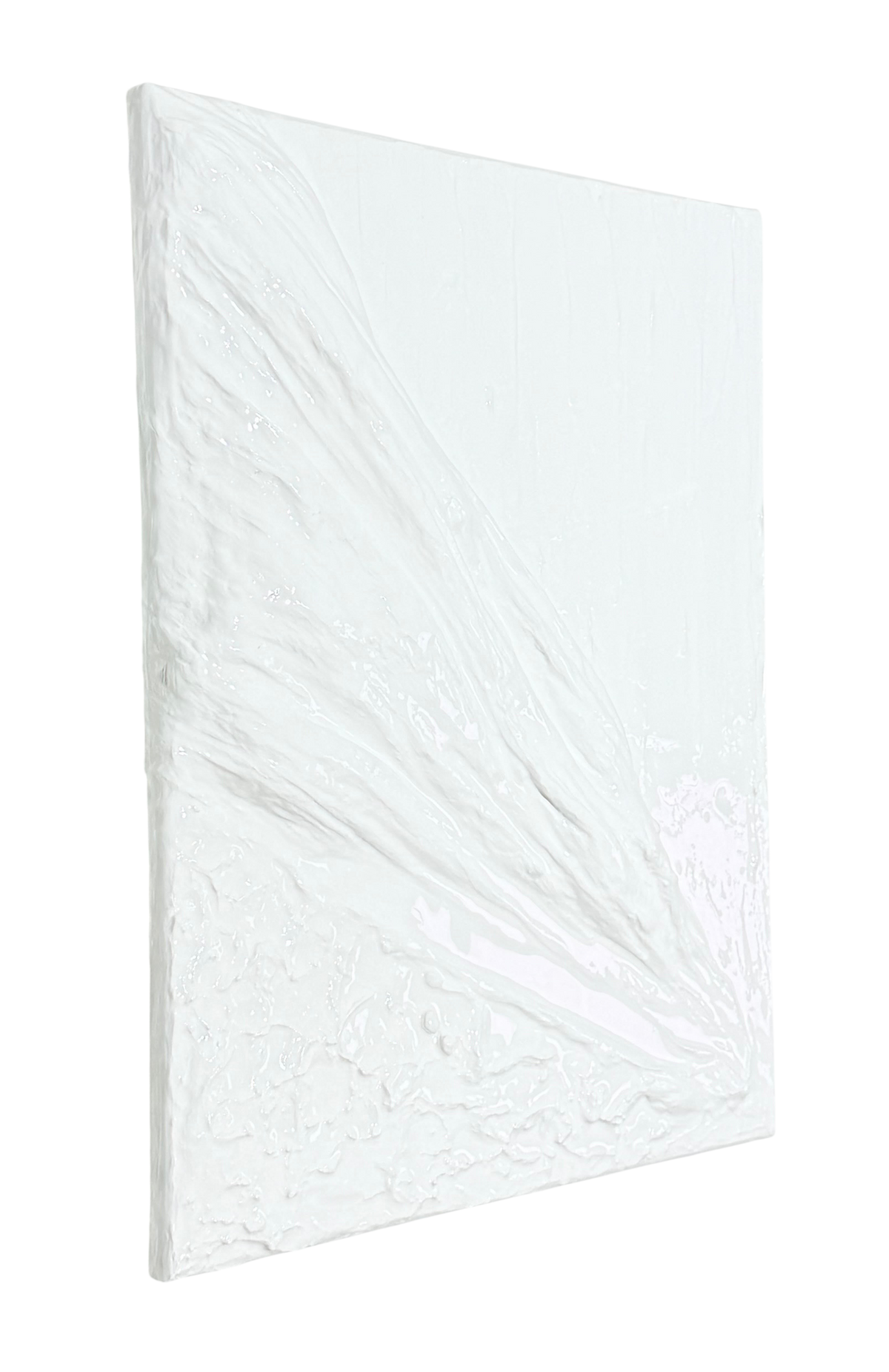 Bianco Terra OCEAN SWELL 3D plaster wall art featuring matte and high-gloss resin wave textures in chalky nude tones.