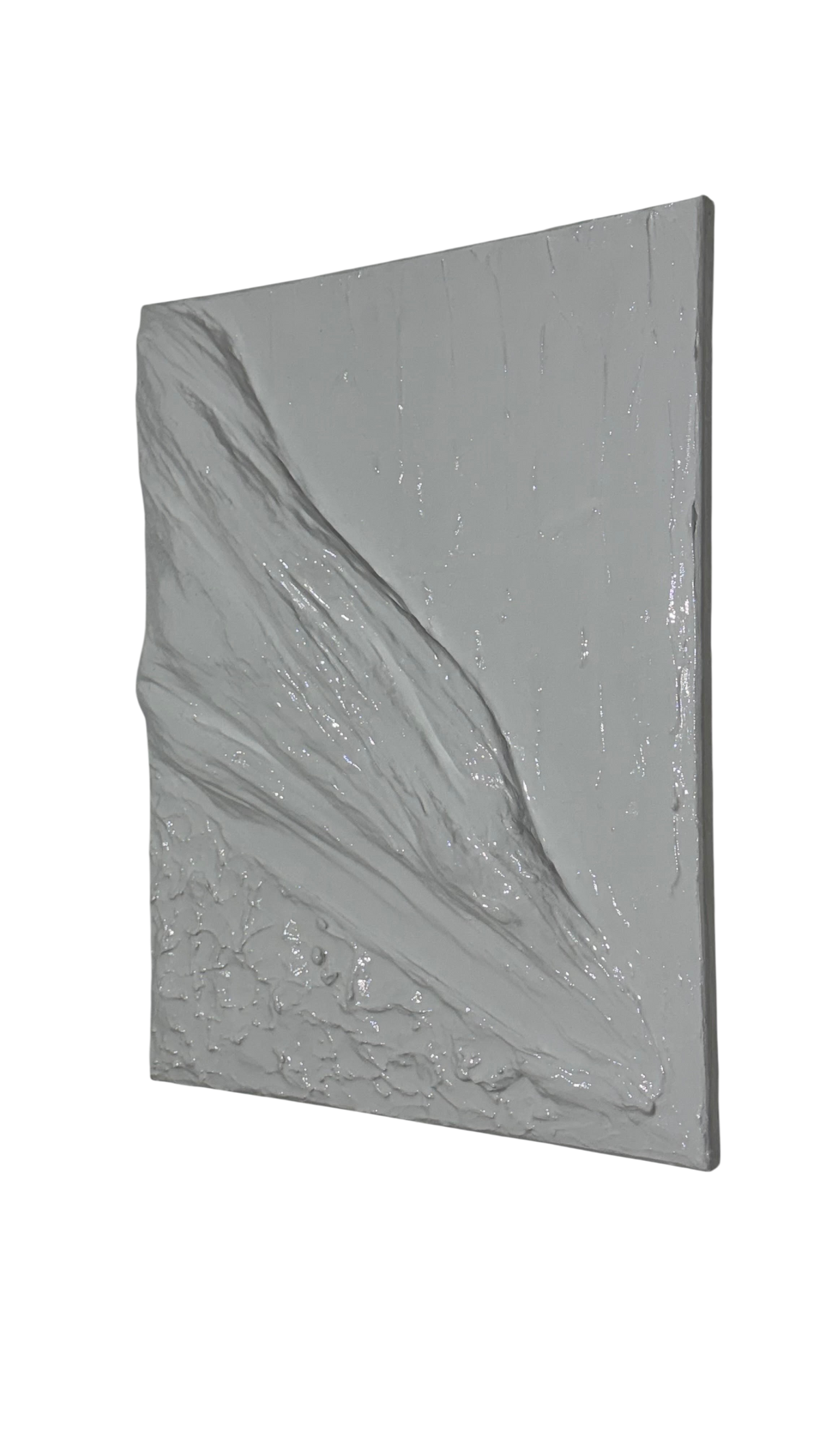 Bianco Terra OCEAN SWELL 3D plaster wall art featuring matte and high-gloss resin wave textures in neutral earth tones.