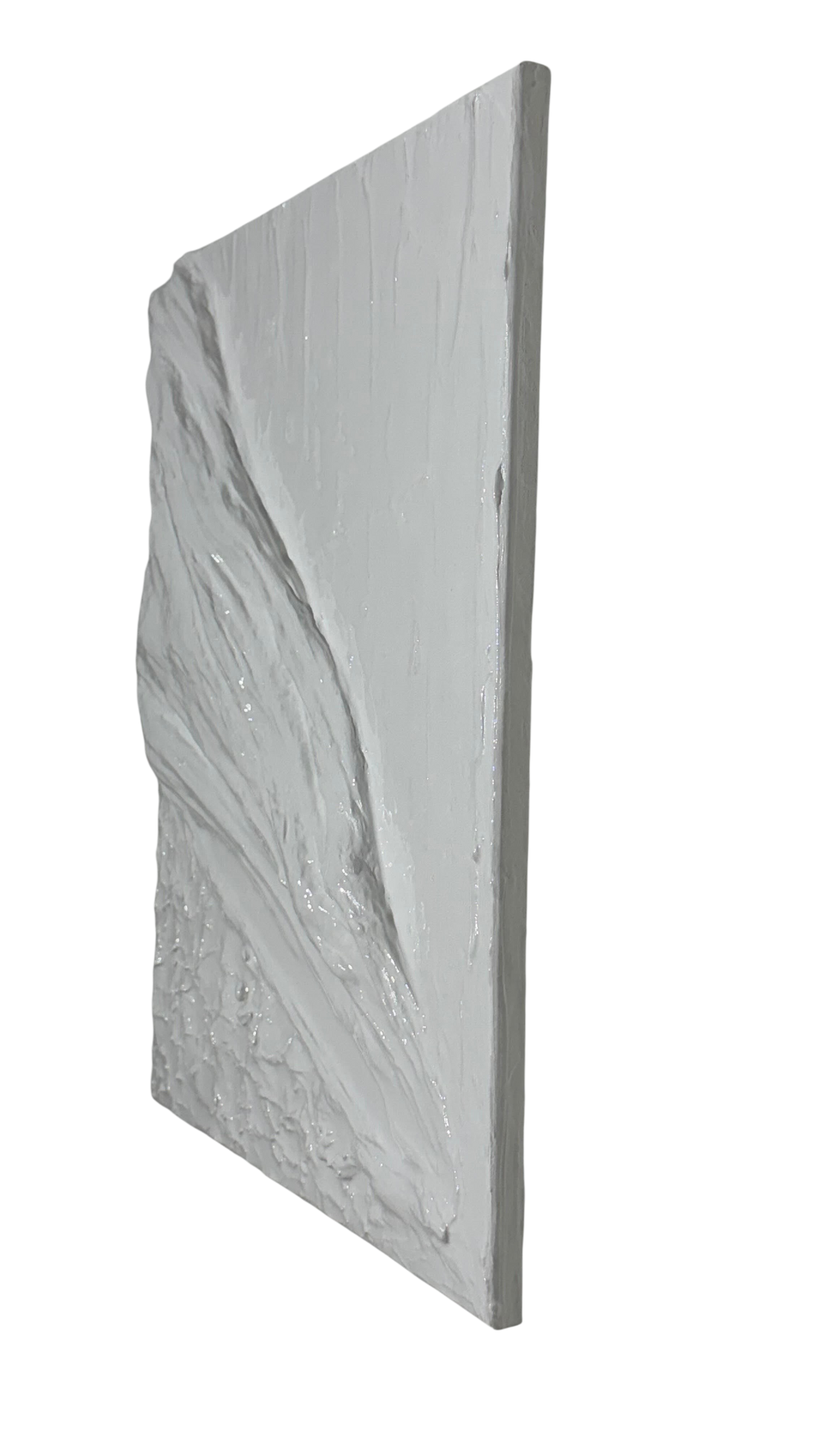 Bianco Terra OCEAN SWELL 3D plaster wall art with matte and high-gloss resin textures in neutral chalky white tones.