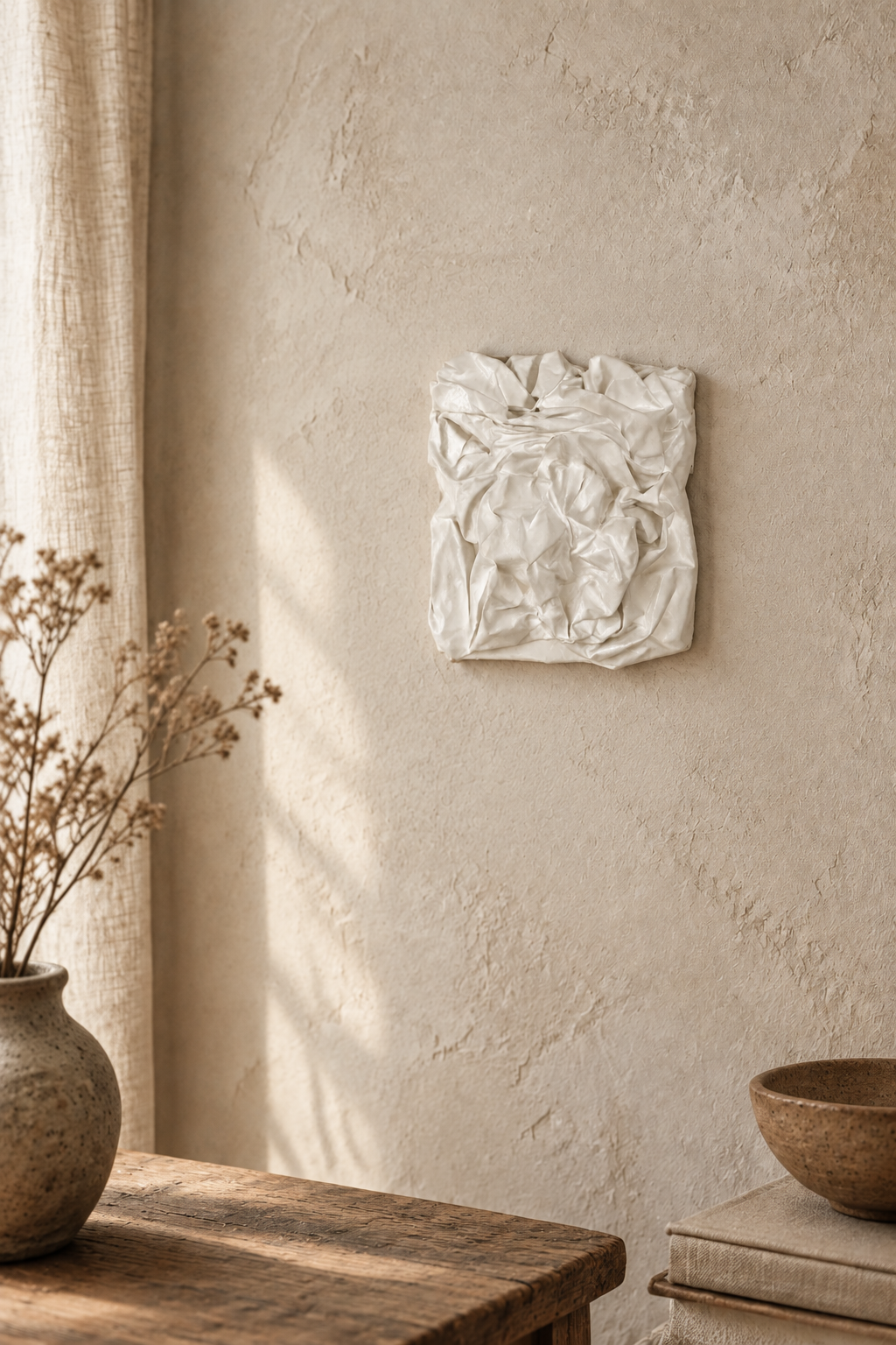Bianco Terra PANNO No. 01 mixed-media textile art in alabaster white with hand-sculpted corrugated fabric folds.