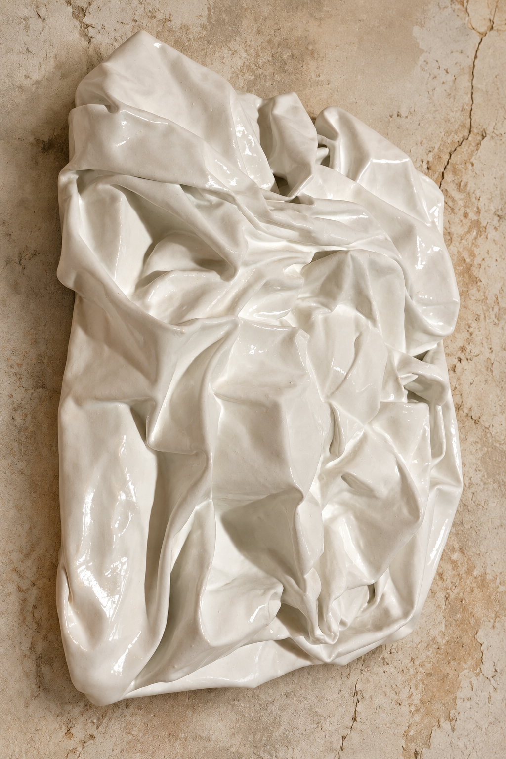 Bianco Terra PANNO No. 01 mixed-media wall art featuring white sculpted textile knots and corrugated plaster ridges.