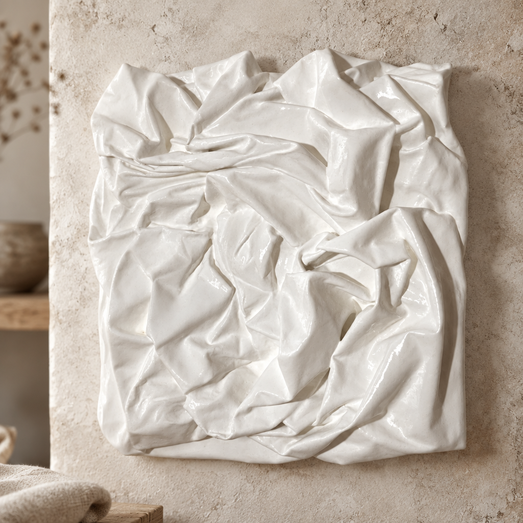 Bianco Terra PANNO No. 01 square mixed-media wall art featuring hand-sculpted white textile knots in matte plaster.