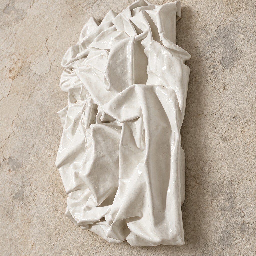 Bianco Terra PANNO No. 01 mixed-media wall art featuring hand-sculpted white textile knots in a matte plaster finish.