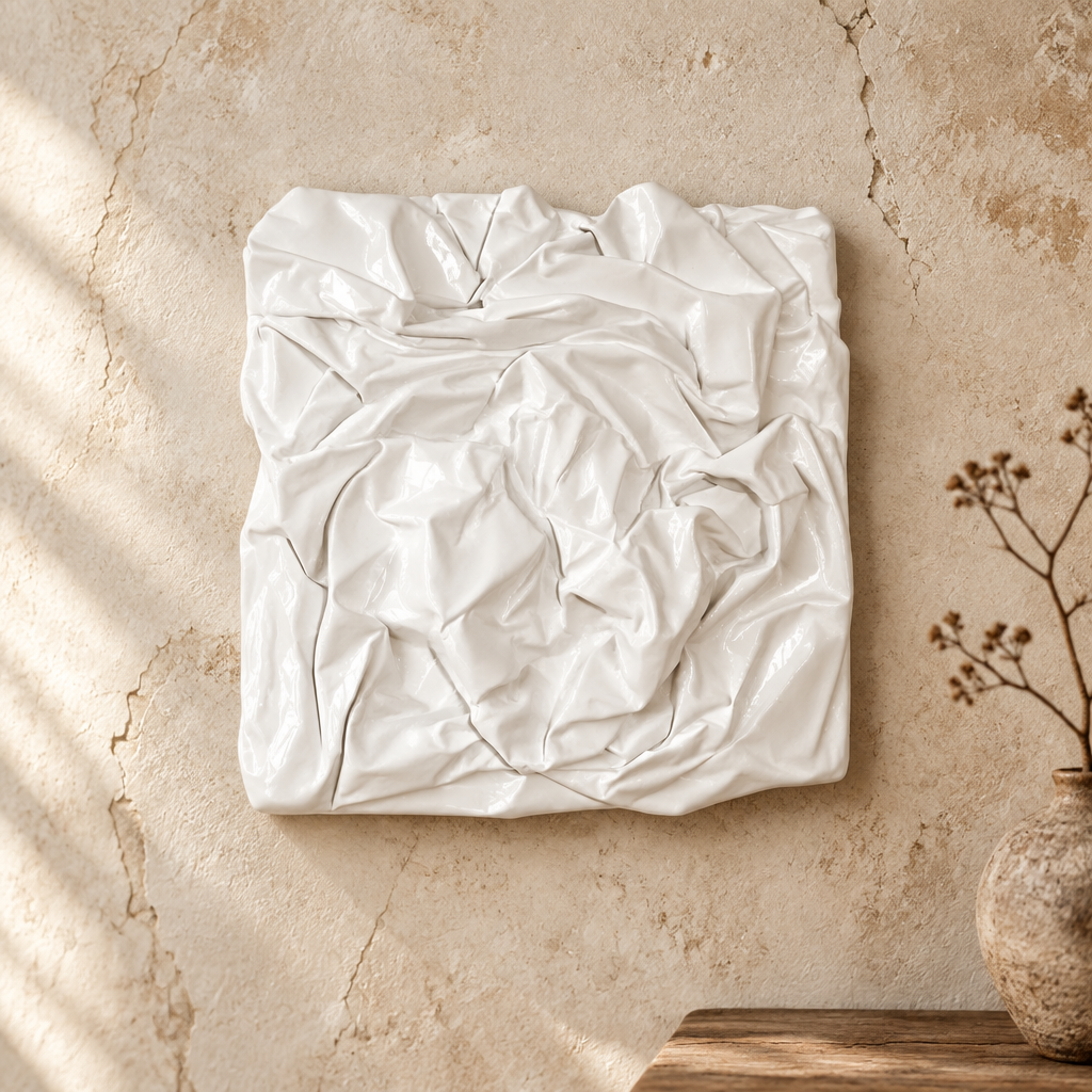 Bianco Terra PANNO No. 01 mixed-media wall art featuring a hand-sculpted white textile knot with corrugated ridges.
