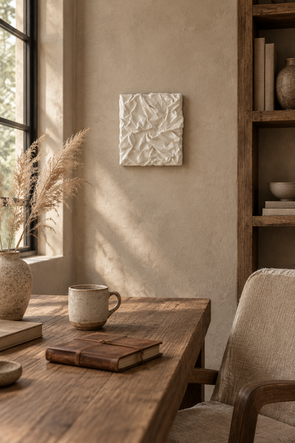 Bianco Terra PANNO No. 02 square mixed-media artwork featuring a central textile knot with rippling plaster waves.