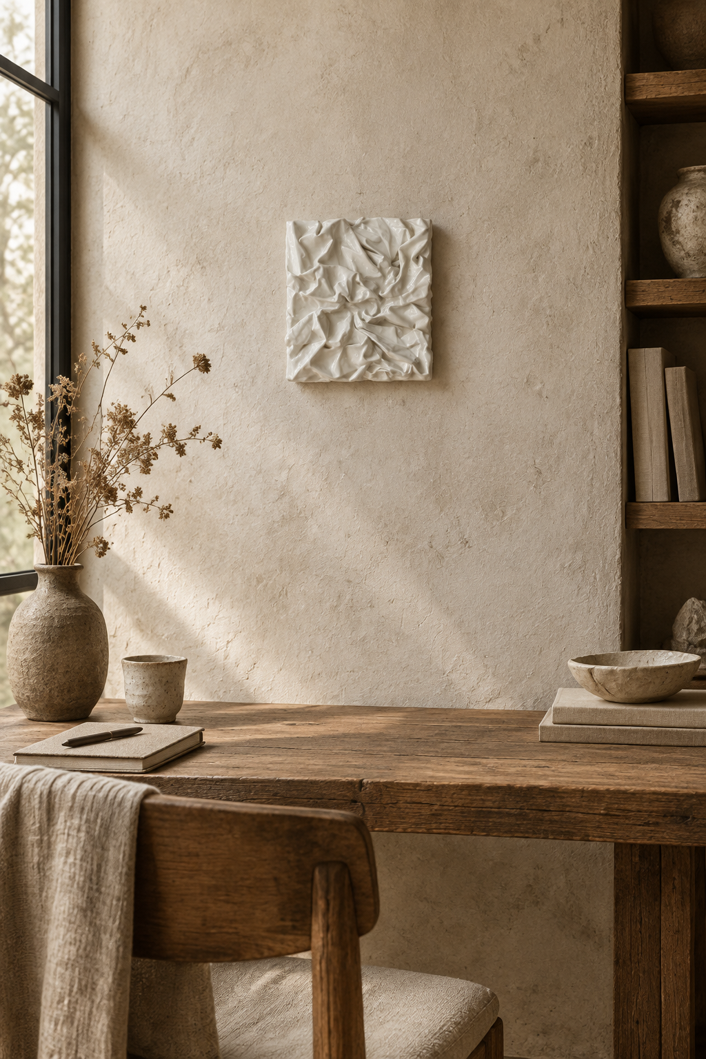 Bianco Terra PANNO No. 02 mixed-media artwork featuring a white sculpted textile knot with corrugated plaster waves.
