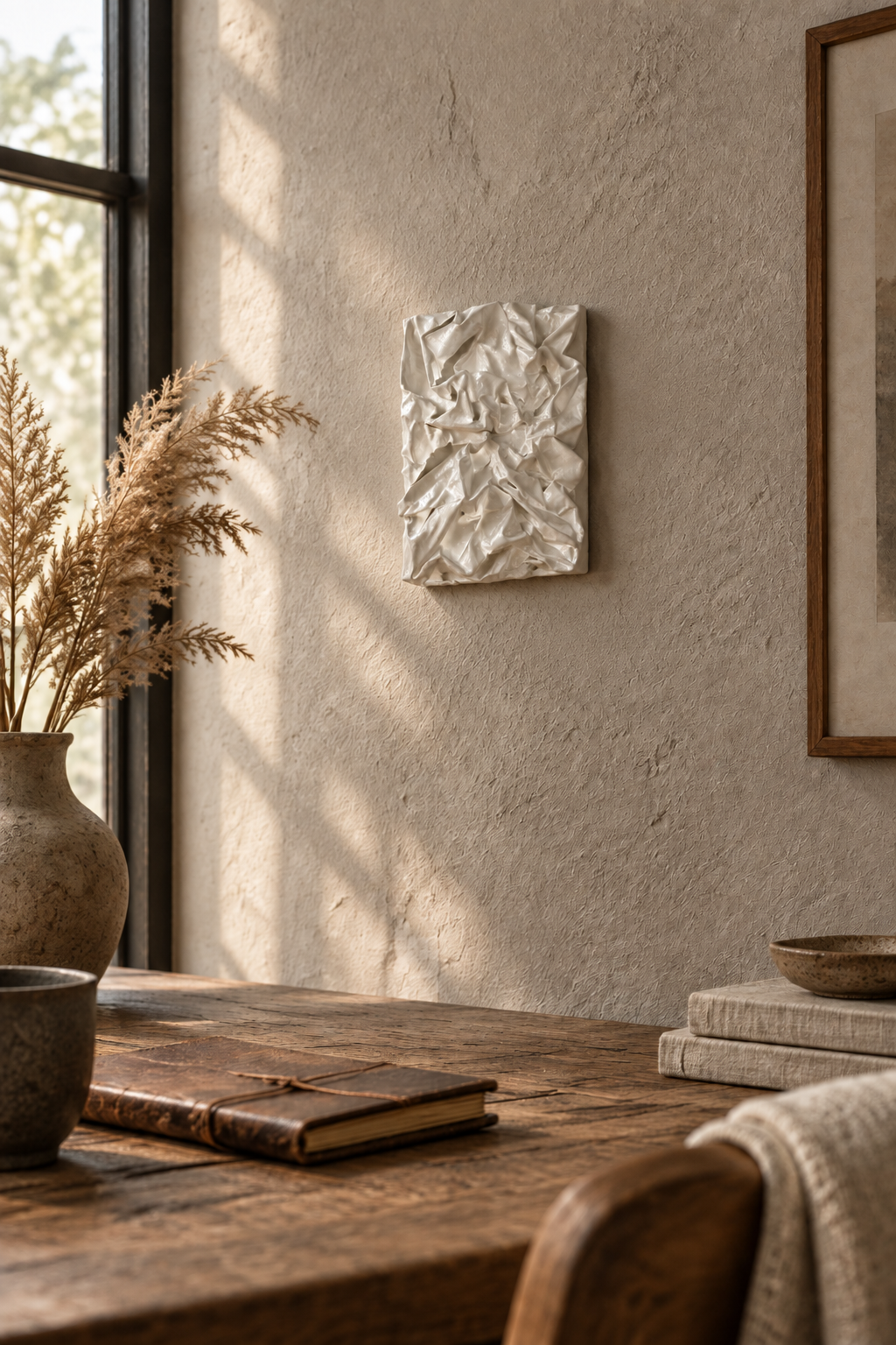 Bianco Terra PANNO No. 02 mixed-media wall art featuring hand-sculpted white textile knots in a matte plaster finish.