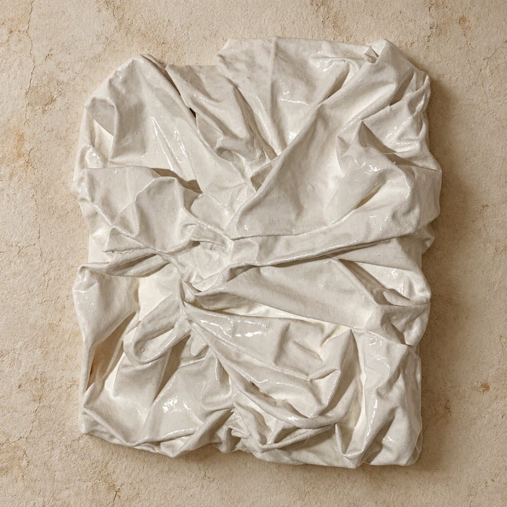 Bianco Terra PANNO No. 02 mixed-media wall art featuring a hand-sculpted alabaster textile knot with corrugated waves.