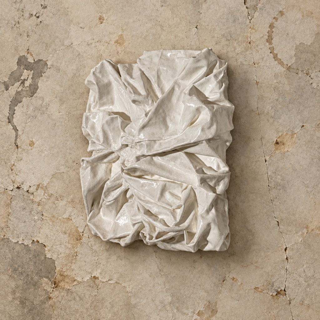 Bianco Terra PANNO No. 02 mixed-media wall art featuring hand-sculpted white textile knots and corrugated plaster waves.