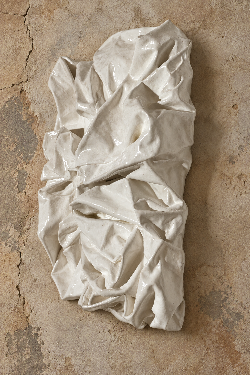 Bianco Terra PANNO No. 02 mixed-media wall art featuring white sculpted textile knots and corrugated plaster waves.